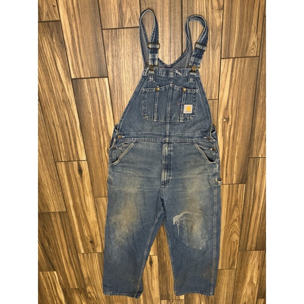 Vintage Men’s Carhartt Denim Overalls 38x31 Thrashed Distressed Patches READ